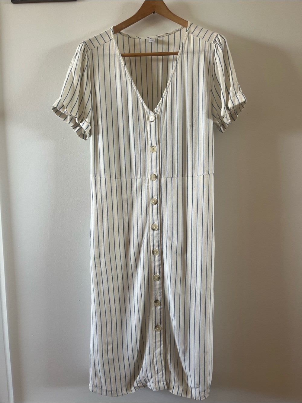 Old Navy Striped V-Neck Button-Front Midi Dress in Cream with Blue Stripe